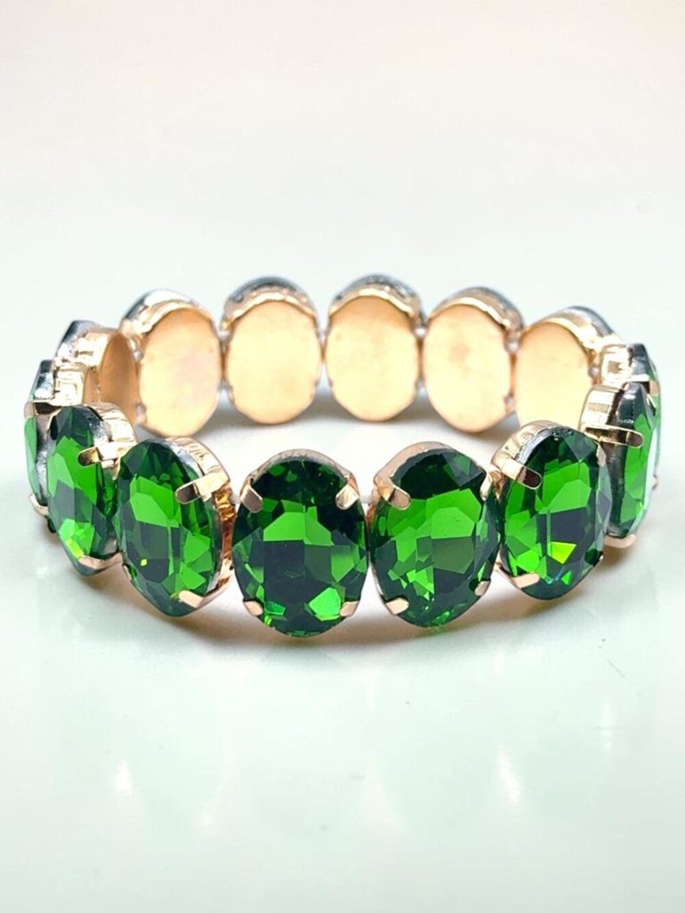 Gold-Tone Oval Green Stretch Bracelet